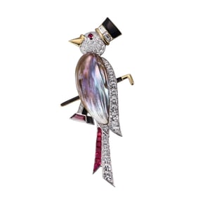 Platinum 18k Gold Diamond Pearl Ruby Bird Brooch Pin