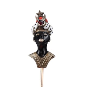 Antique Blackamoor Gold Silver Enamel Garnet Coral Stick Pin