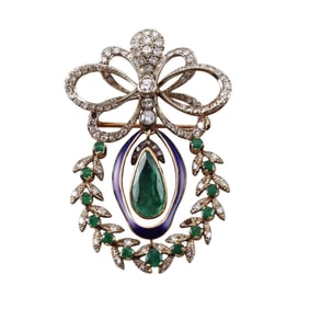 18k Gold Diamond Emerald Enamel Brooch Pendant