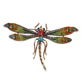14k Gold Plique a Jour Enamel Diamond Dragonfly Brooch