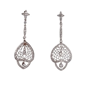 Platinum Gold Diamond Filigree Long Drop Earrings