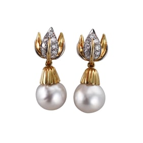 18k Gold South Sea Pearl Diamond Drop Earrings