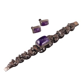 Mexican Sterling Silver Amethyst Bracelet Earrings Lot
