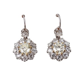 3.5ctw Fancy White Old Mine Cut Diamond Platinum Gold Cluster Drop Earrings