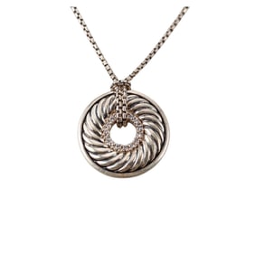 David Yurman Cookie Silver Diamond Pendant Box Chain Necklace