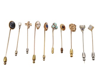 Antique Gold Diamond Opal Agate Sapphire Tiger's Eye Stick Pin Lot of 10