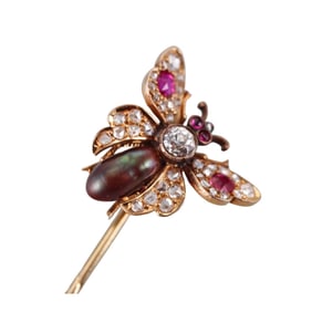 Antique 18k Gold Diamond Ruby Pearl Insect Stick Pin