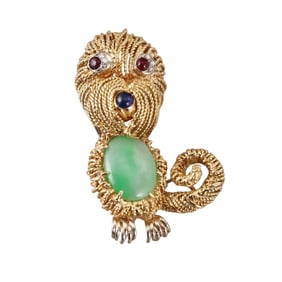 Italian 18k Gold 1960s Jade Sapphire Ruby Diamond Dog Brooch
