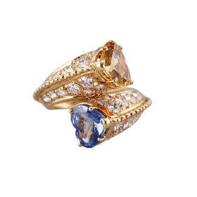 18k Gold Yellow Blue Heart Sapphire Diamond Bypass Ring