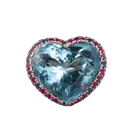 20k Gold 30ct Heart Aquamarine Ruby Ring