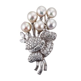 Midcentury 1950s 8.50ctw Diamond South Sea Pearl Platinum Brooch