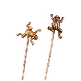 Antique Gold Ruby Emerald Frog Stick Pin Lot of 2