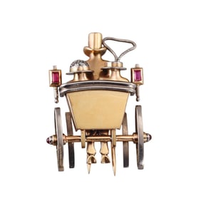 Retro French 18k Gold Diamond Ruby Carriage Brooch