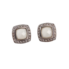 David Yurman Petite Albion White Agate Silver Diamond Earrings