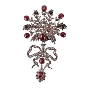 Antique Gold Silver Ruby Sapphire Diamond Peacock Brooch