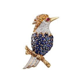 18k Gold Diamond Sapphire Woodpecker Bird Brooch Pin