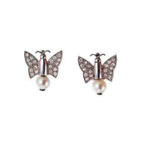 Midcentury Platinum Diamond Pearl Butterfly Earrings
