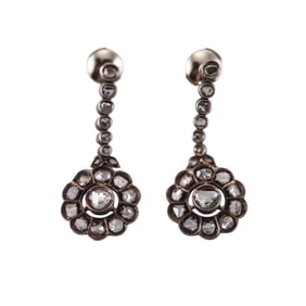 Antique Silver Gold Rose Cut Diamond Drop Earrings