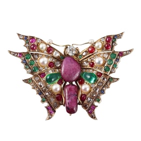 Antique 18k Gold Diamond Ruby Emerald Pearl Butterfly Brooch