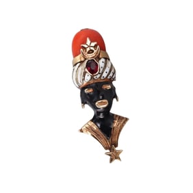 14k Gold Coral Ruby Enamel Blackamoor Brooch
