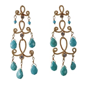 14k Gold Diamond Turquoise Chandelier Earrings