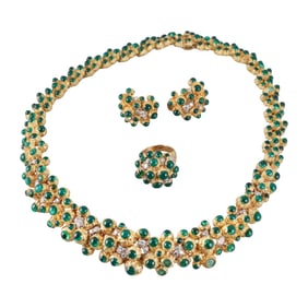 Cusi 1970s Emerald Diamond Necklace Earrings Ring Suite