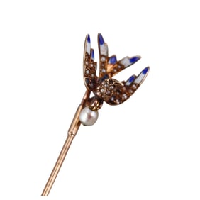 Antique 18k Gold Seed Pearl Enamel Swallow Bird Stick Pin