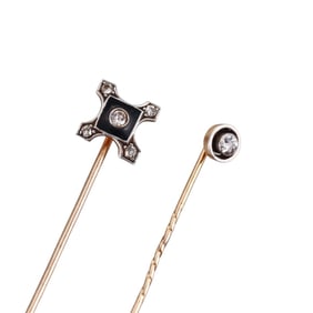 Antique Art Deco Gold Diamond Enamel Stick Pin Lot of 2