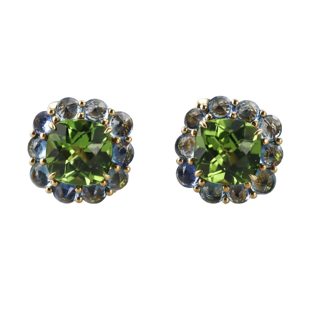 Paolo Costagli 18k Gold Peridot Sapphire Earrings: Metal : 18k Yellow Gold Designer : Paolo Costagli Gemstone : Peridot, Sapphire Measurements : Earrings are 17mm x 17mm Marked: : P Maker's mark C 18k Weight: : 12.4 grams