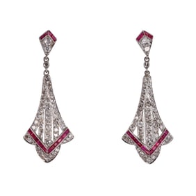 Platinum Diamond Ruby Drop Earrings