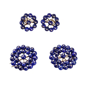 1960s 18k Gold Lapis Brooch Earrings Set
