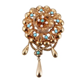 Antique Victorian 18k Gold Turquoise Pearl Brooch