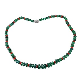 Platinum Diamond Emerald Coral Bead Necklace