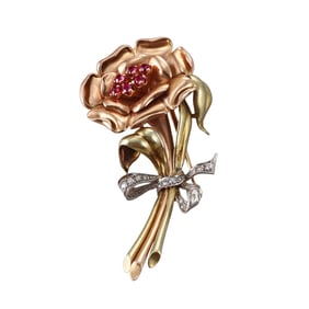 Retro Platinum 18k Yellow Rose Gold Diamond Ruby Flower Brooch