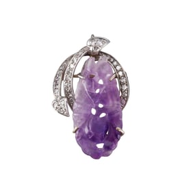 14k Gold Carved Lavender Jade Diamond Pendant Brooch