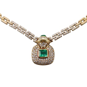 18k Gold Emerald Diamond Pendant Necklace