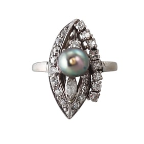 Midcentiury 14k Gold Pearl Diamond Ring