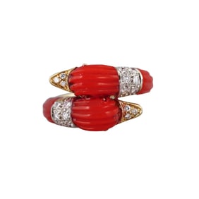 18k Gold Carved Coral Diamond Bypass Dolphin Ring