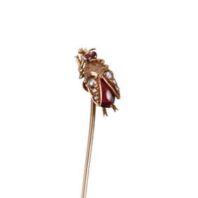 Antique 18k Gold Seed Pearl Tourmaline Bug Insect Stick Pin