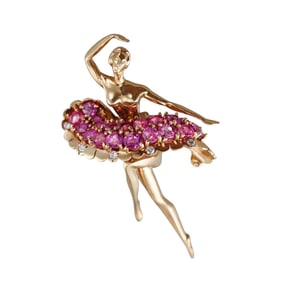 GIA 23.93ctw No Heat Burma Pink Sapphire Retro Gold Diamond Ballerina Brooch