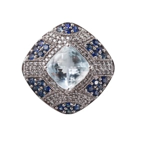 14k Gold Aquamarine Diamond Sapphire Ring