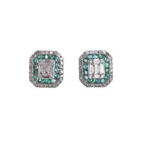 14k Gold Diamond Emerald Stud Earrings