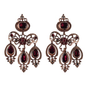 Antique Georgian 14k Rose Gold Garnet Diamond Chandelier Earrings