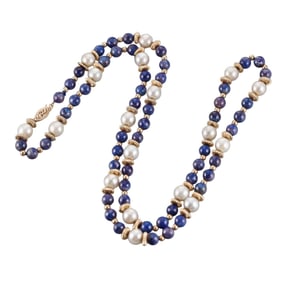 14k Gold Pearl Lapis Bead Necklace