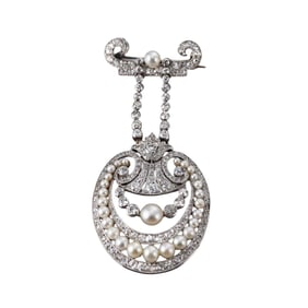 Antique GIA Natural Pearl Platinum Diamond Brooch Pin