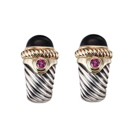 David Yurman Silver 14k Gold Onyx Tourmaline Earrings
