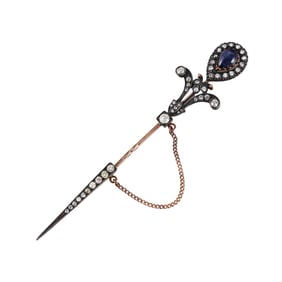 Antique Russian 14k Gold Silver Diamond Sapphire Jabot Pin