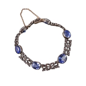 Antique Silver 14k Gold Synthetic Sapphire Diamond Bracelet