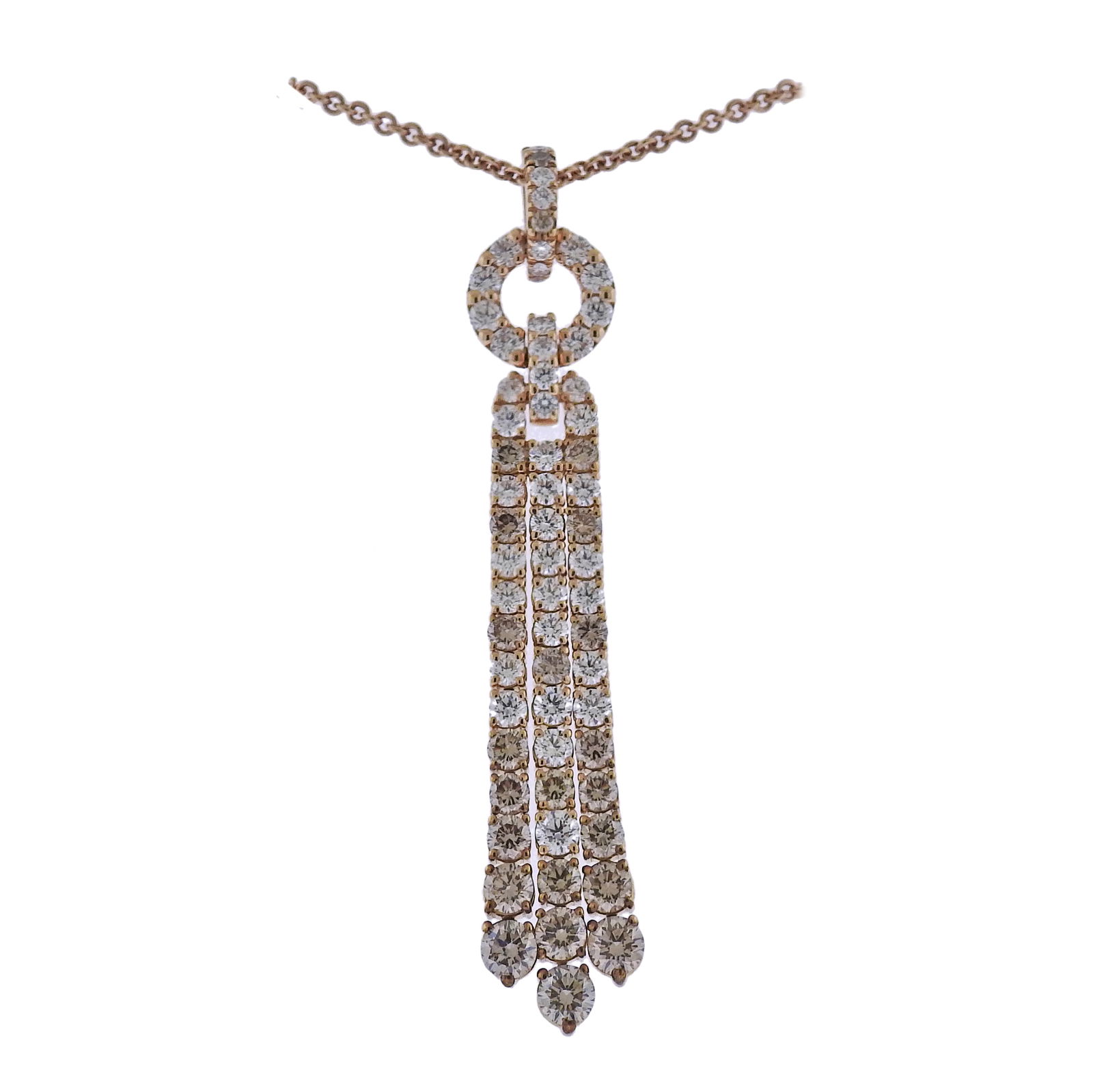 Bucherer Gold 4.76ctw Fancy Diamond Tassel Pendant Necklace: Metal : 18k Rose Gold Designer : Bucherer Gemstone : Fancy diamonds 2.67ctw, White - 2.09ctw. Measurements : Necklace is 18" long, pendant is 65mm x 14mm. Marked: : CB 750. Wei