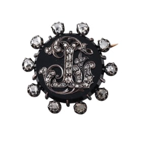 Antique Victorian Silver Rose Cut Diamond Onyx Brooch